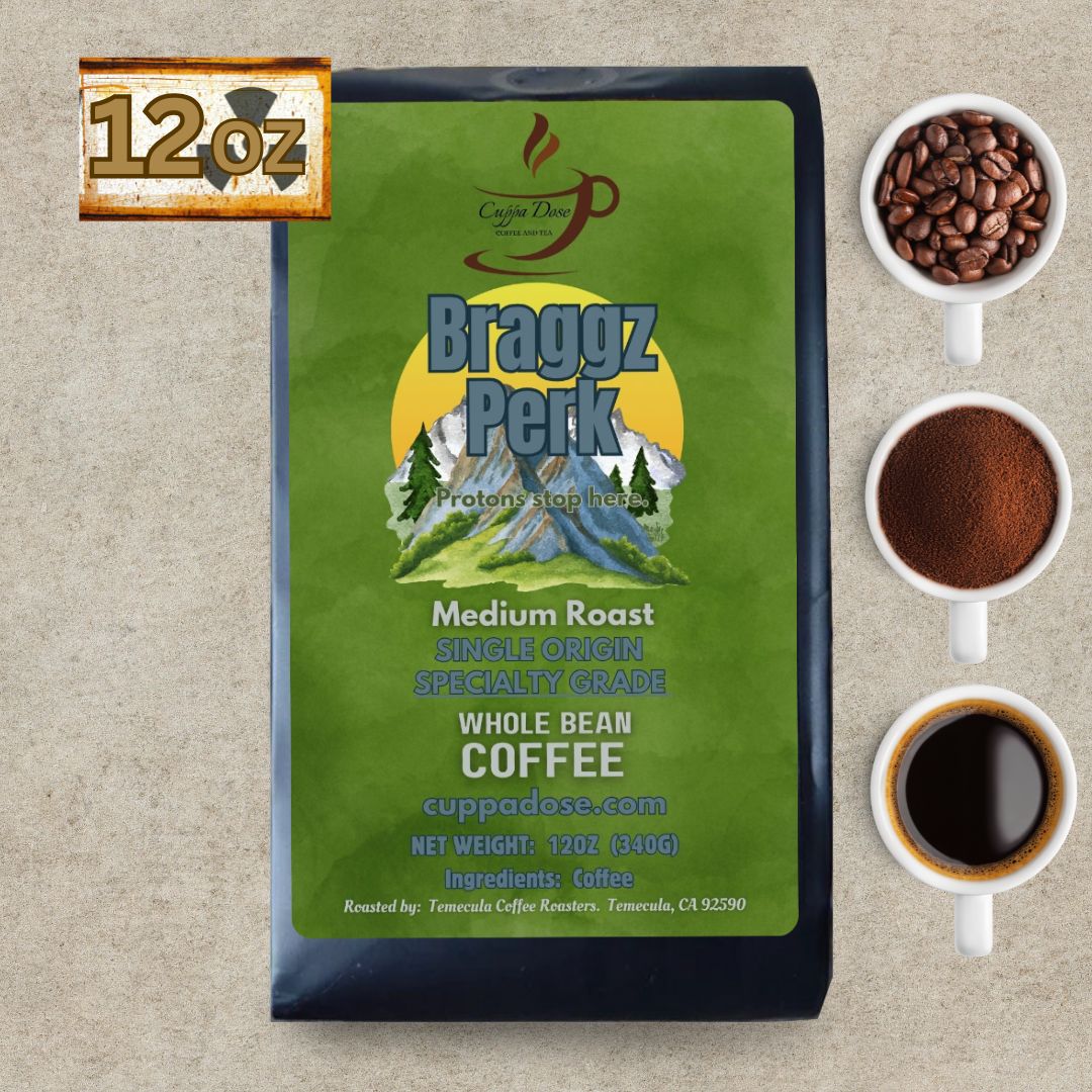 Braggz Perk 12oz coffee bag with coffee beans and cups on a textured background