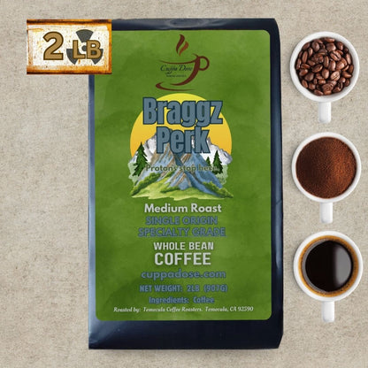 Braggz Perk 2lb coffee bag with coffee beans and cups on a beige background