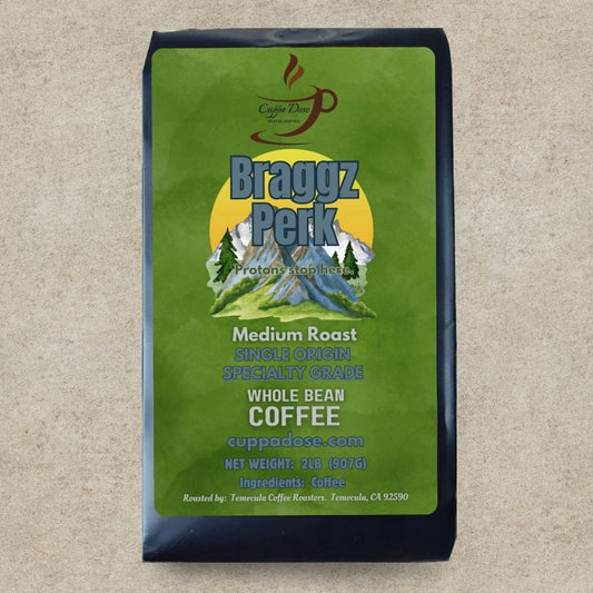 Braggz Perk coffee bag on a beige background