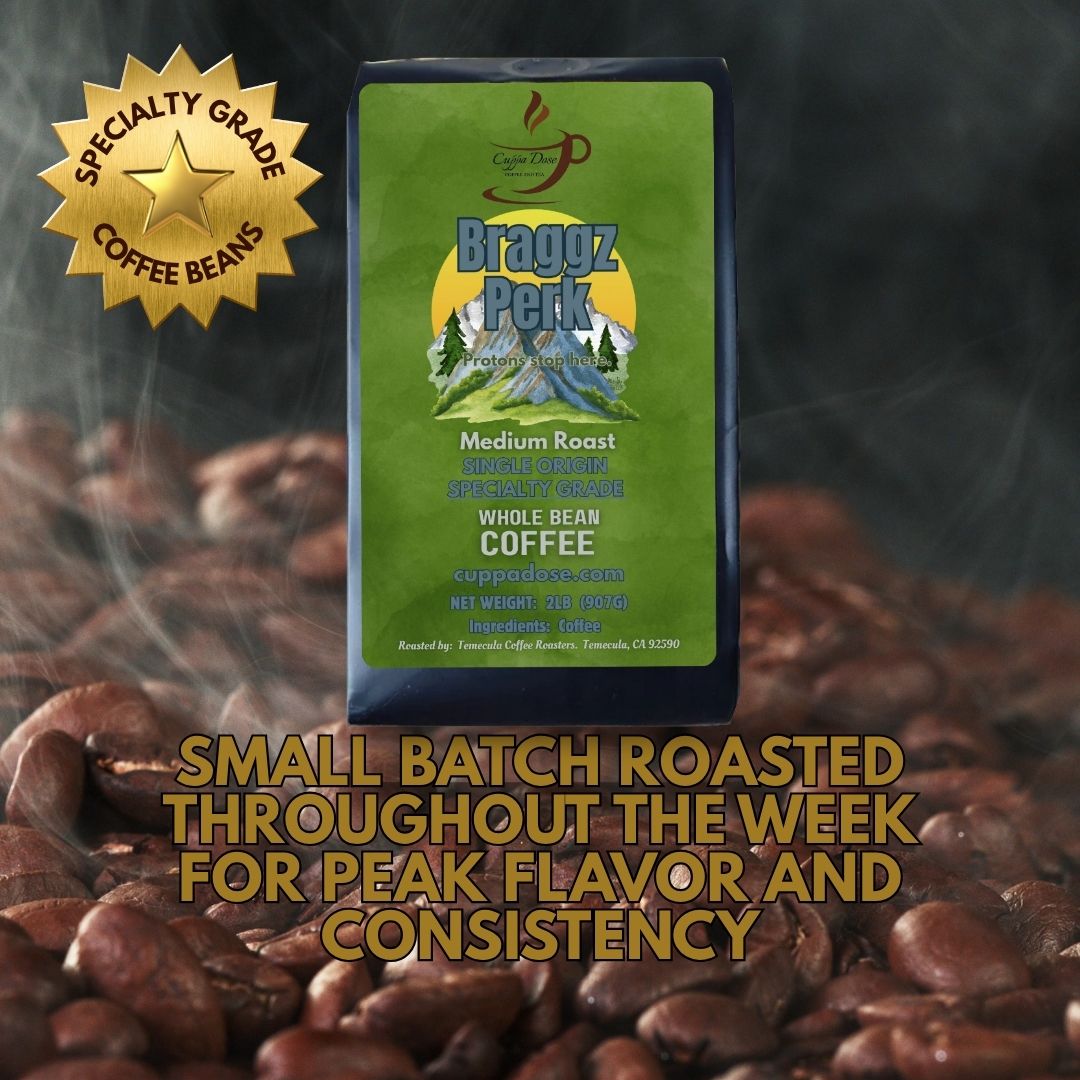 Braggz Perk coffee bean package with roasted coffee beans and gold star specialty grade coffee in the background