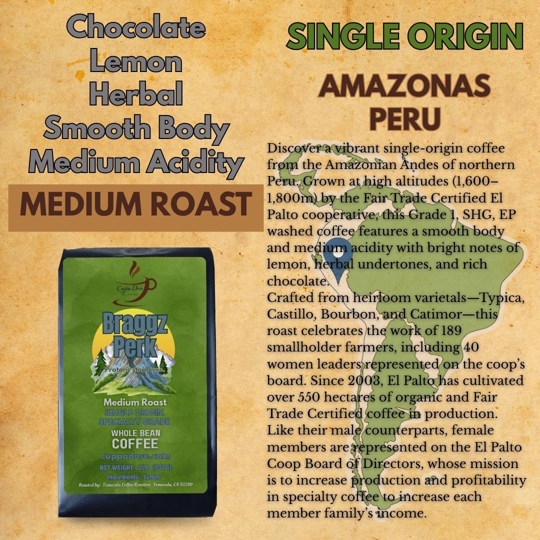 Braggz Peru coffee bag with product details on a textured background