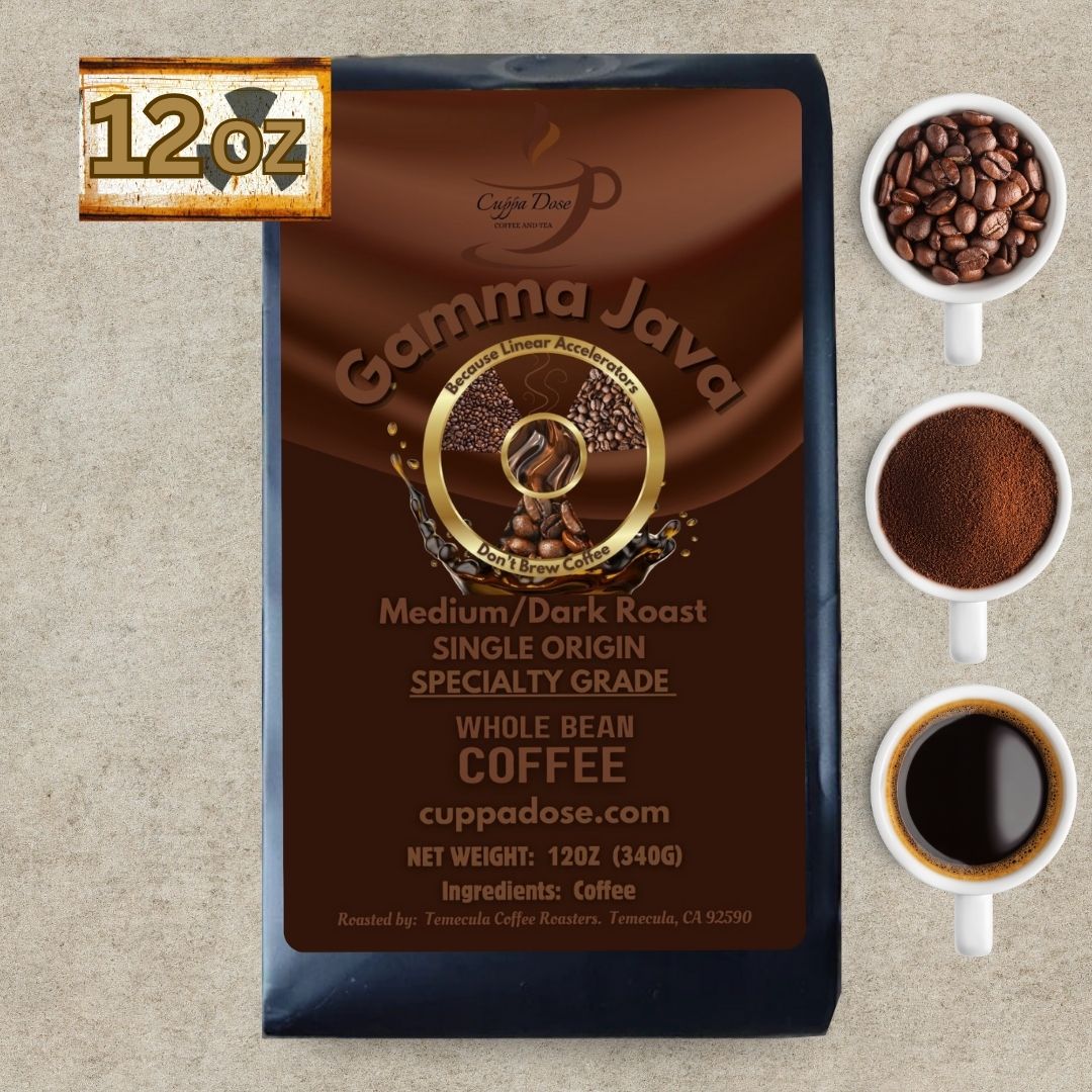 Gamma Java coffee bag with coffee beans and a cup of coffee on a beige background