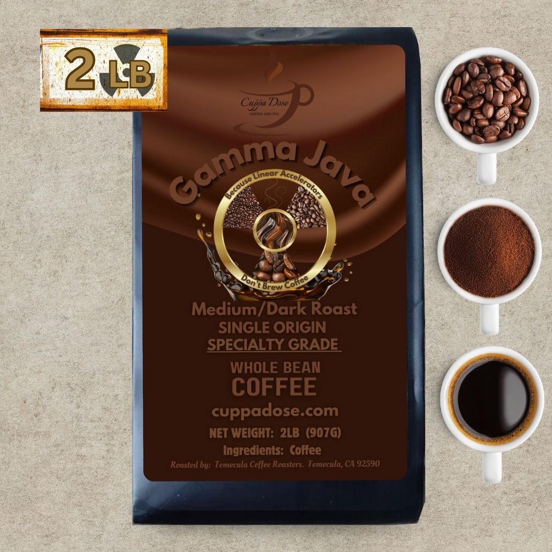 Gamma Java coffee bag with coffee beans and a cup of coffee on a beige background