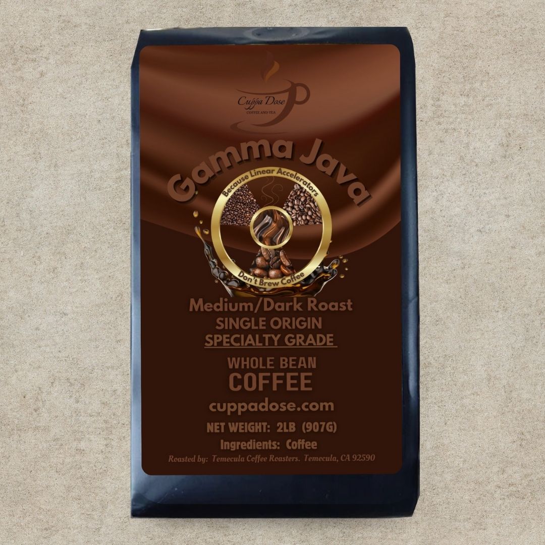 Coffee bag with 'Gamma Java' branding on a textured beige background