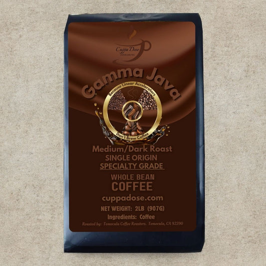 Coffee bag with 'Gamma Java' branding on a textured beige background