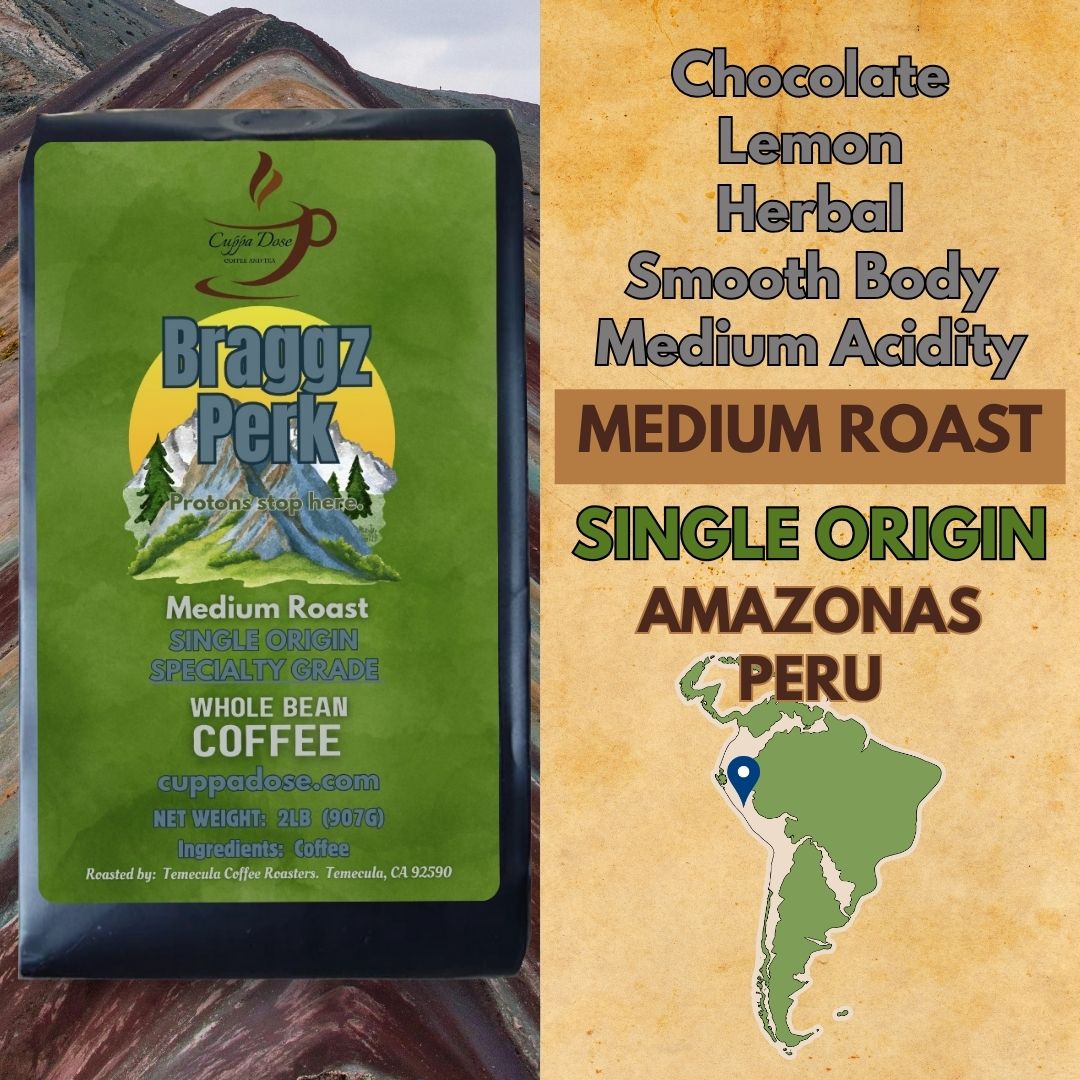 Braggz Perk coffee package with Amazonas Peru map and tasting notes on a mountain background