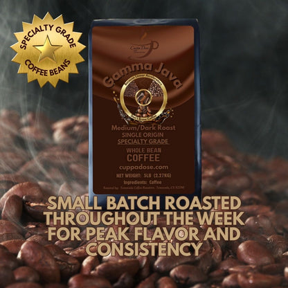 Gamma Java coffee package with roasted coffee beans and a specialty grade coffee beans gold star label on a dark background