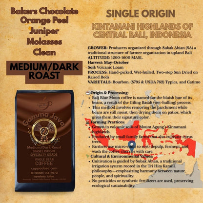 Gamma Java coffee bag with roast and origin information on a textured background