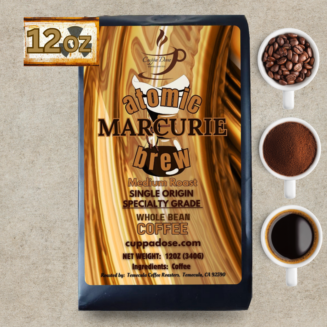 Coffee bag labeled 'atomic MARCURIE brew' with 12oz coffee beans and a cup of coffee on a beige background