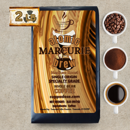 Coffee bag labeled 'atomic Marcurie brew' with 2lb coffee beans and a cup of coffee on a textured surface.