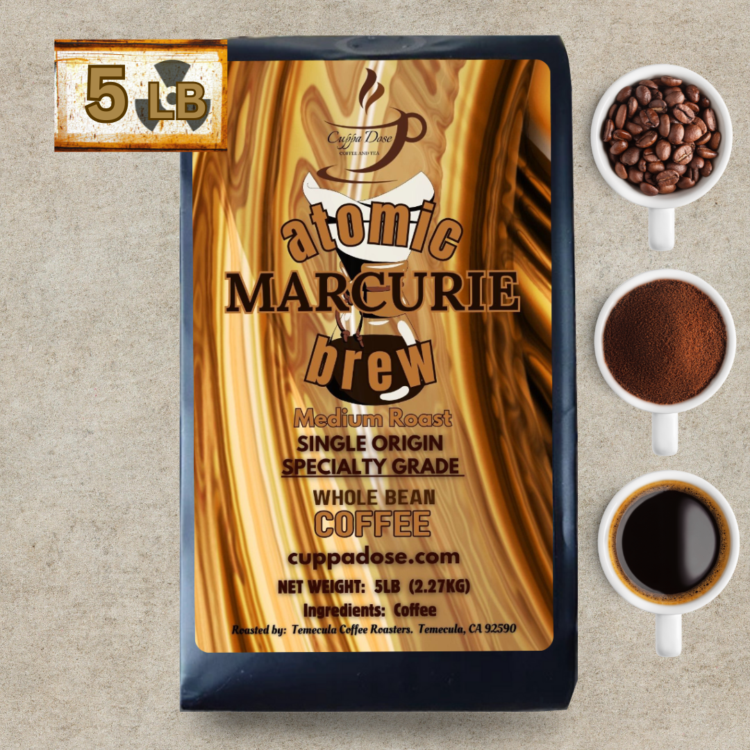 Atomic Marcurie brew coffee bag with 5lb coffee beans and a cup of coffee on a beige background