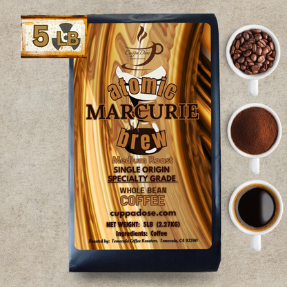 Atomic Marcurie brew coffee bag with 5lb coffee beans and a cup of coffee on a beige background