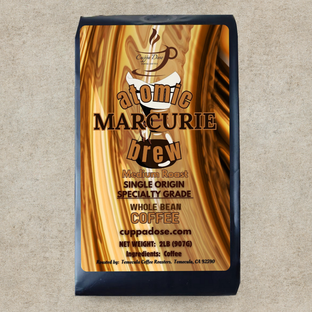 Coffee bag with 'atomic Marcurie brew' branding on a textured beige background