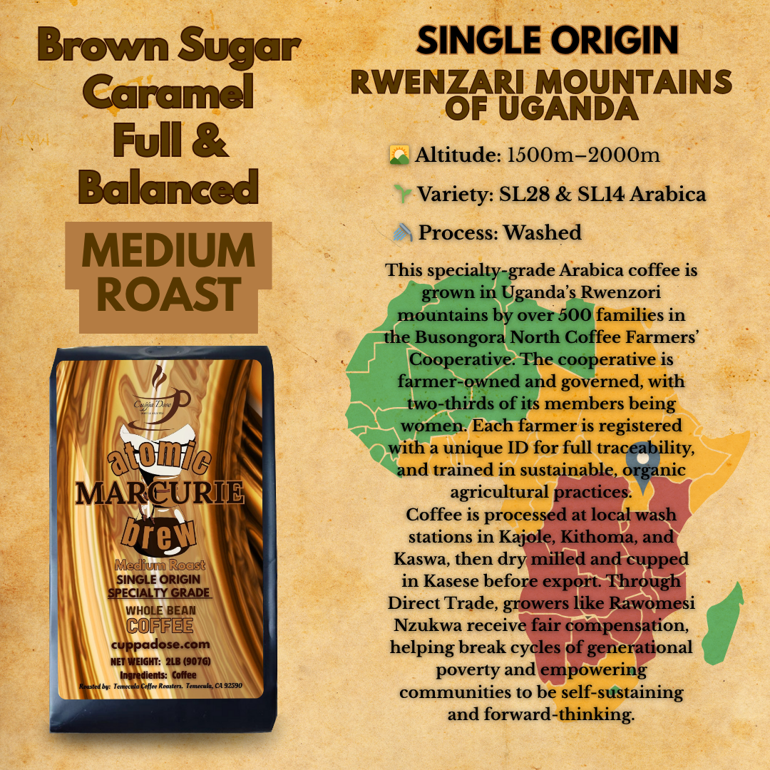 Coffee bag with branding, farm and product details on a beige background